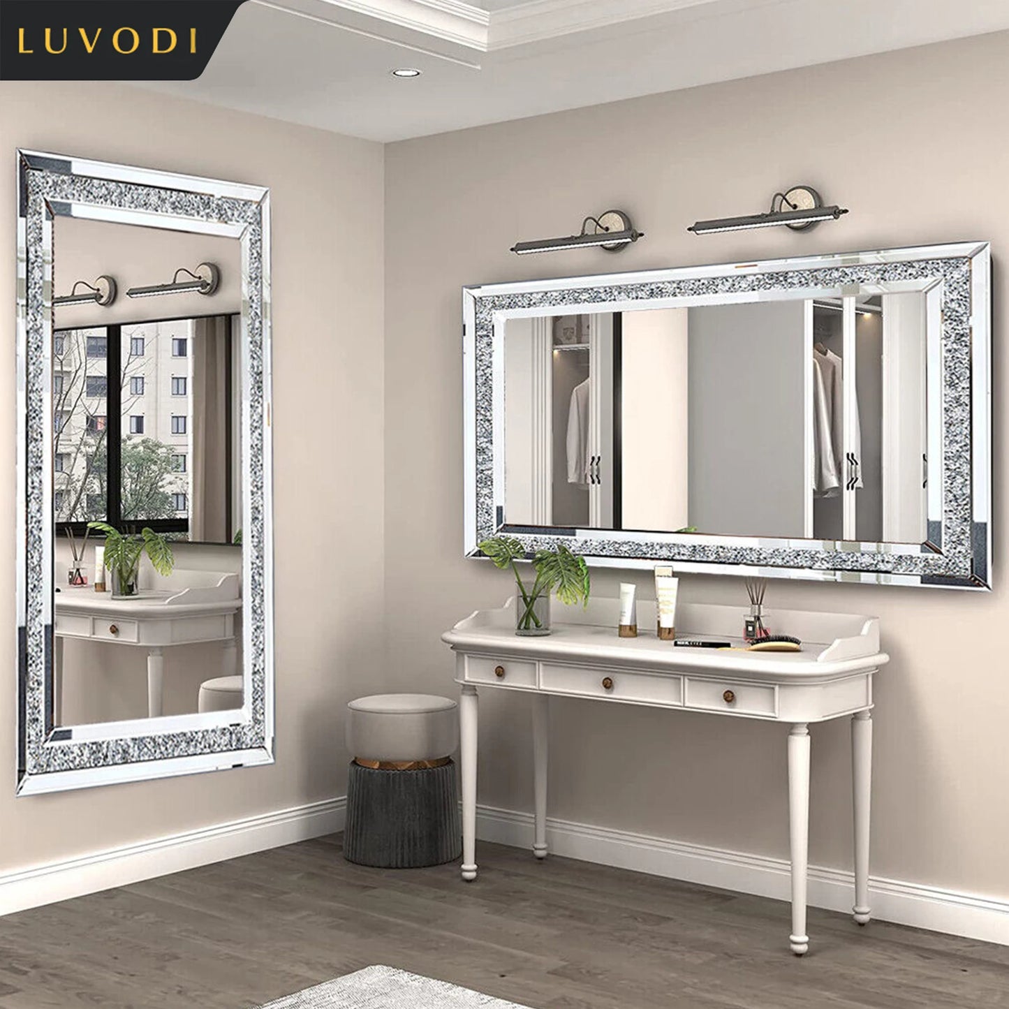 LUVODI Large Silver Sparkly Crystal Rhinestone Frameless Wall Mounted Dressing Mirror for Home and Hotel