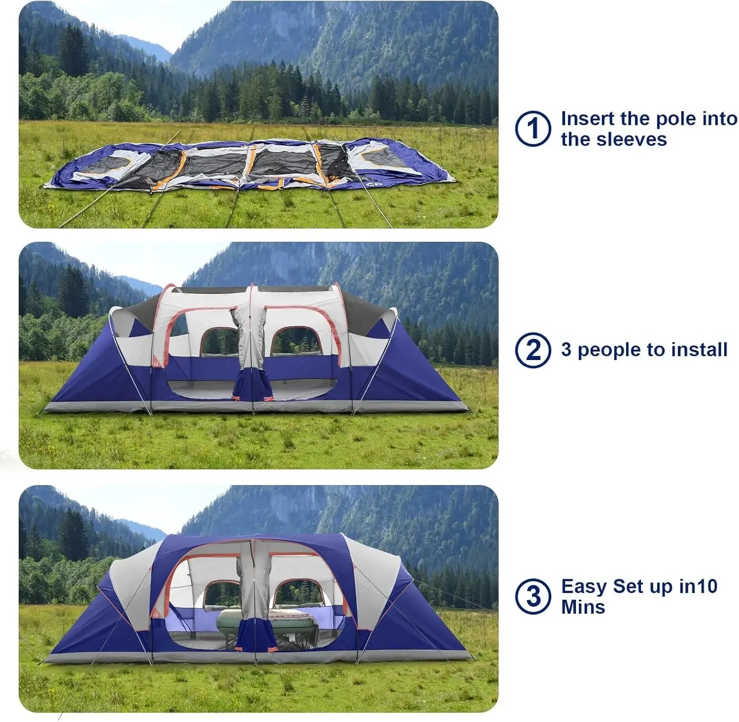 12-Person 3-Room Waterproof Windproof Camping Tent with Top Rainfly And Large Mesh Windows Family Outdoor Shelter