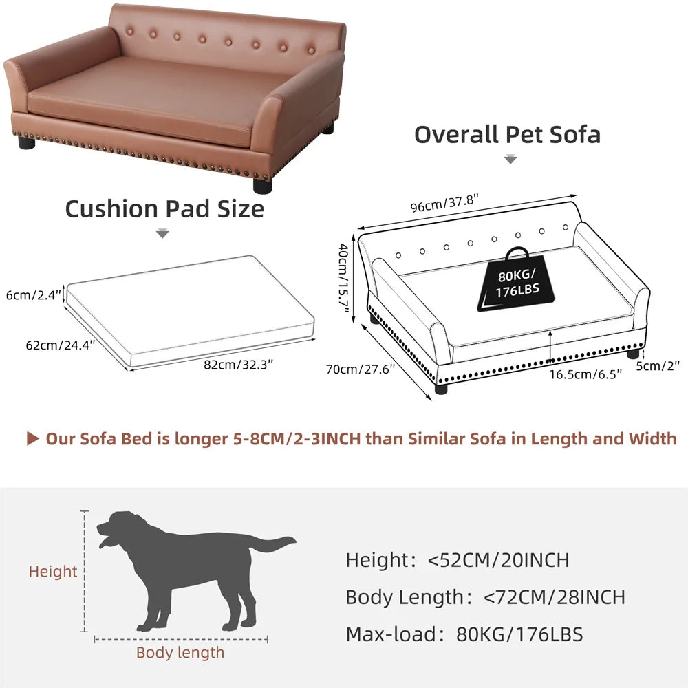 Heavy Duty Raised Dog Bed Sofa Large Cushioned Pet Couch Soft Microfiber Silicone Leather Velboa Covered Lounge for Cats And Puppies