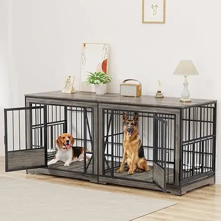 Extra Large Double Dog Crate 87'' with Adjustable Divider Heavy Duty Wood Kennel Indoor Furniture for 2 Dogs with Lockable Dividers
