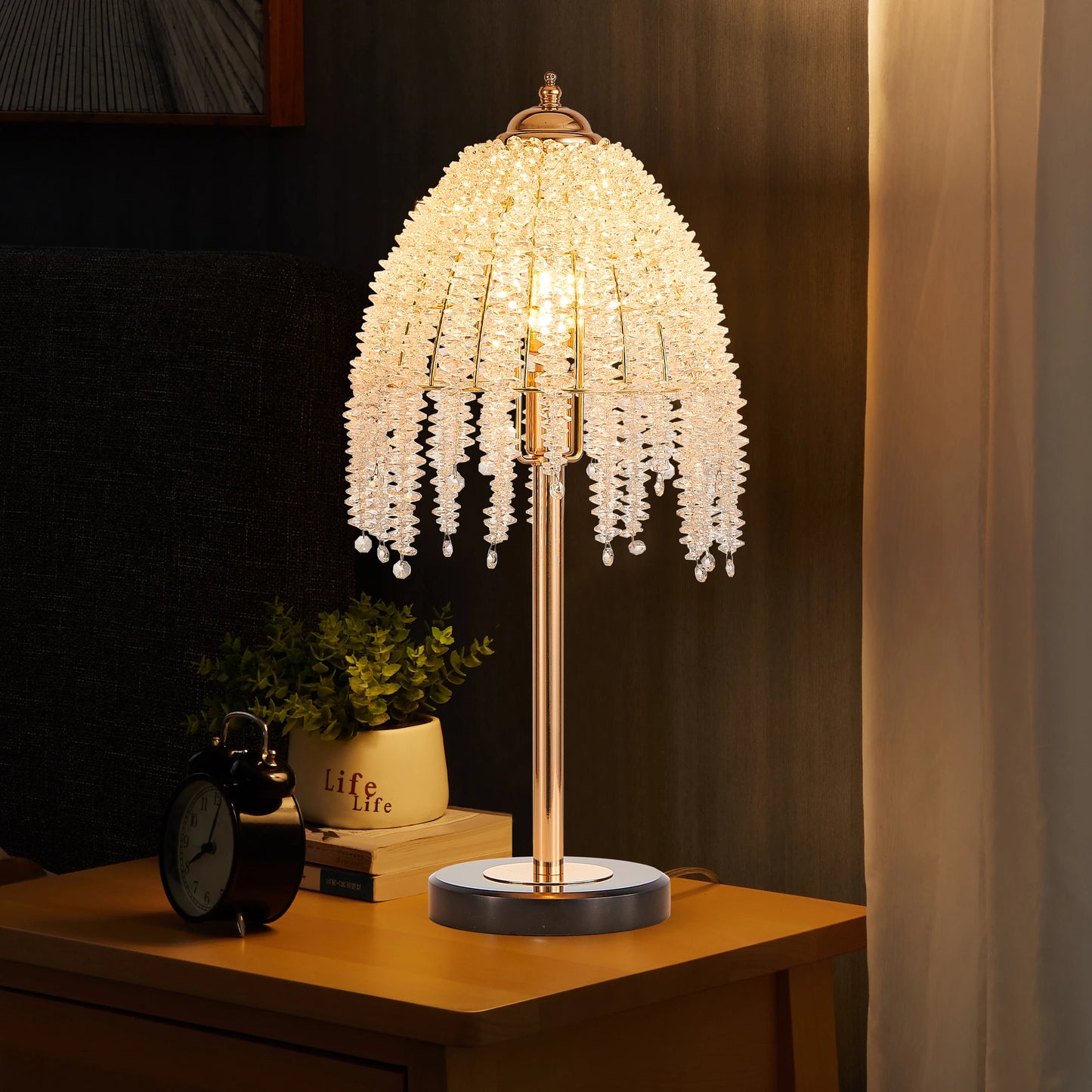 Elegant Crystal Table Lamp Vintage Waterfall Design with Crystal Bead String Shade&Marble Textured Base for Living Room Bedroom