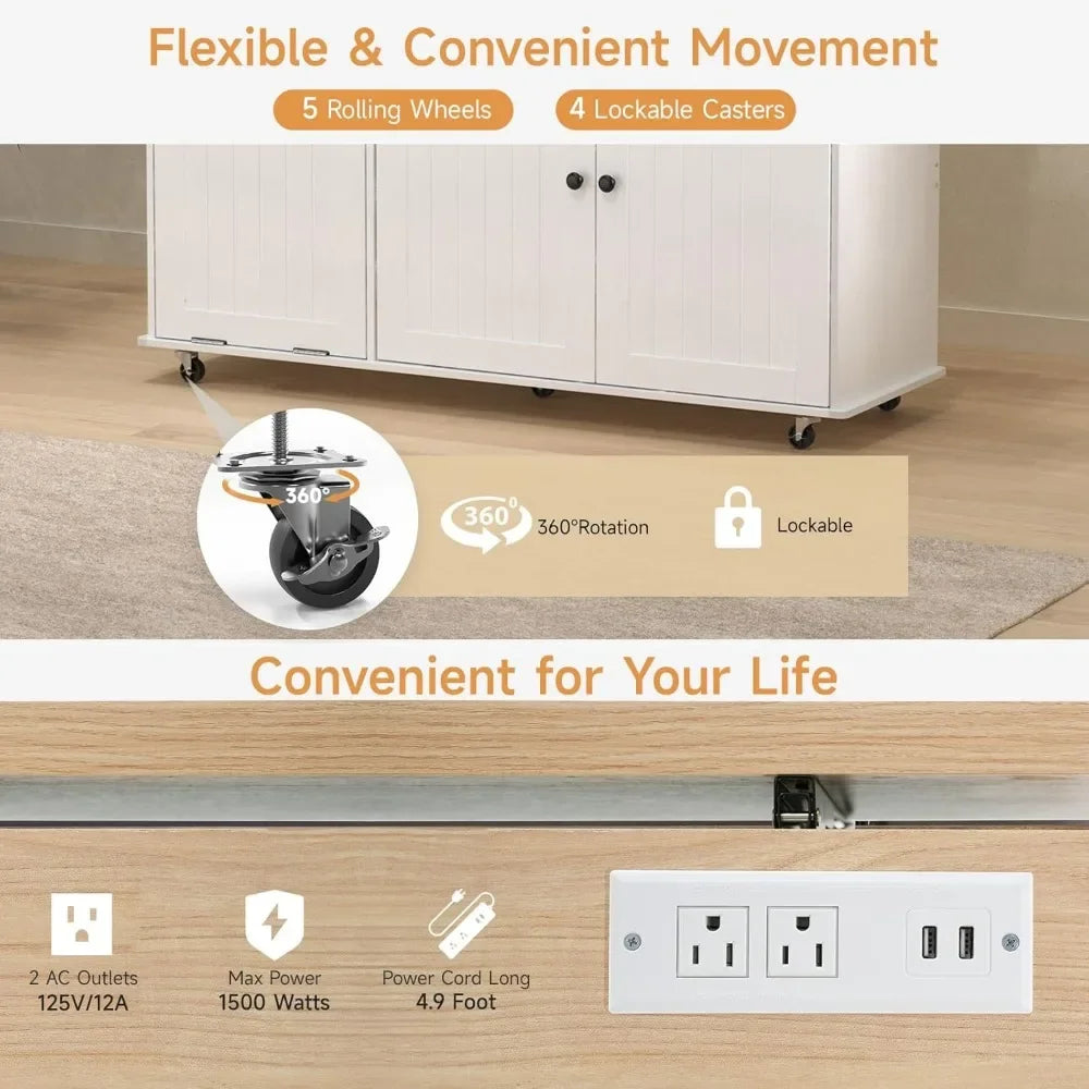 60 Inch Kitchen Island with Power Outlet and Drop Leaf Knife Holder Kitchen Rolling Island with Spice Rack and Towel Rack