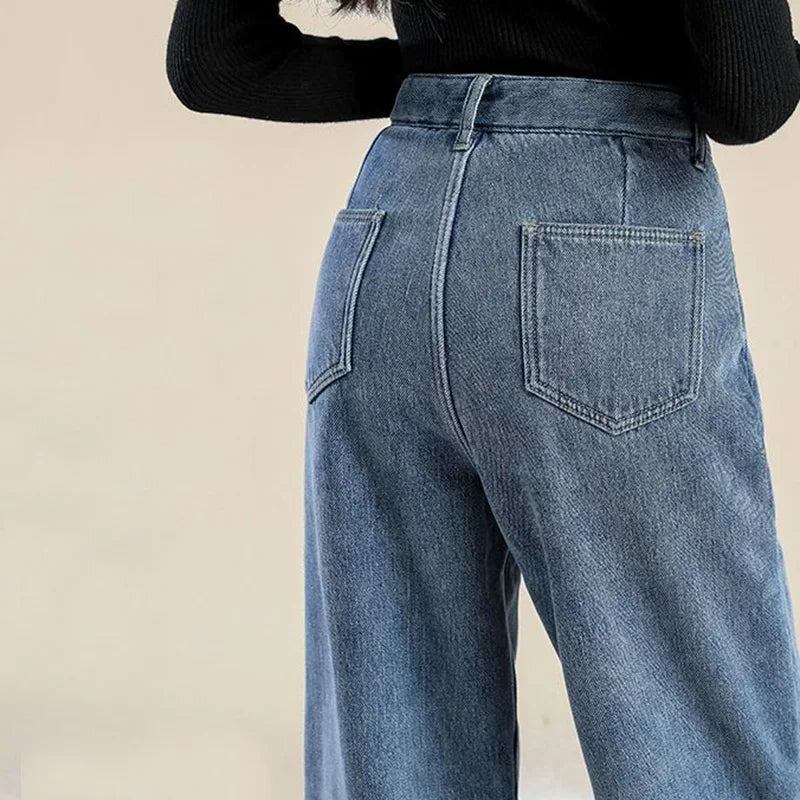 Winter Girls Plush Thermal High Waist Solid Jeans Lady Fleece Snow Warm Denim Pants Women Baggy Straight Leg Daily Trousers
