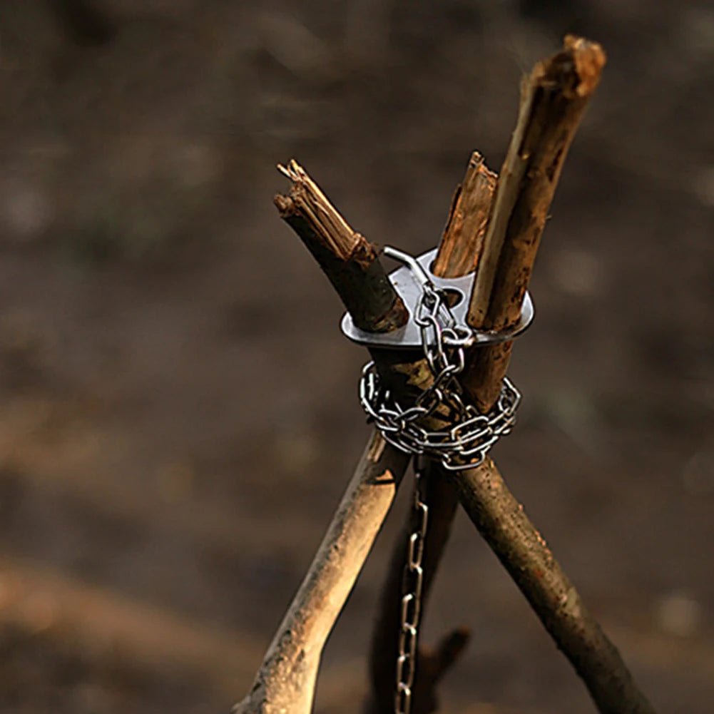 Cooking Pot Pan Tripod Mount Stainless Steel Camping Tripod Hanging Pot Bracket with Leather Storage Bag for Hiking and Bushcraft