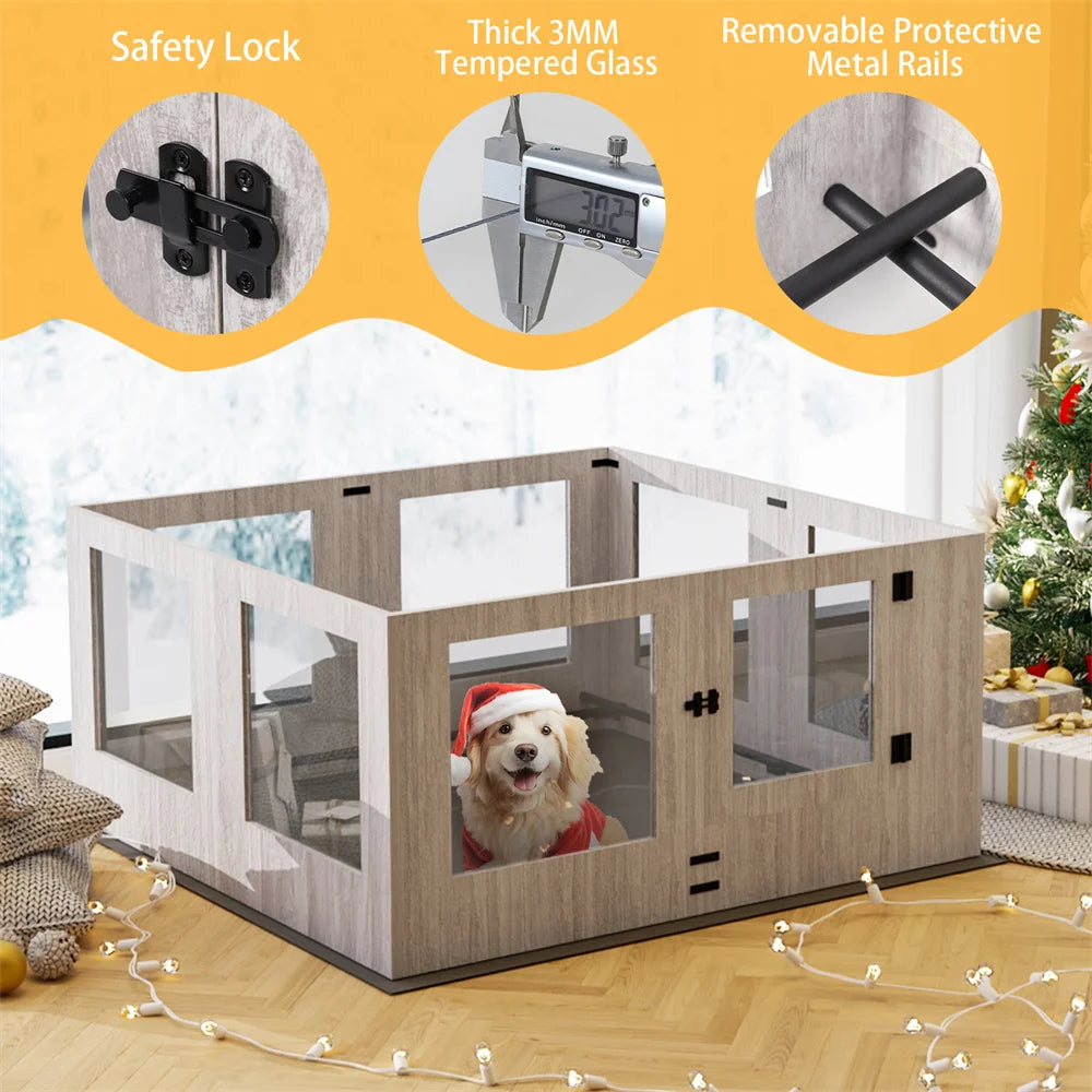 Heavy Duty Tempered Glass Dog Whelping Box Indoor Pet Playpen Kennel Cage with Waterproof Mat Training Enclosure Fence for Puppies