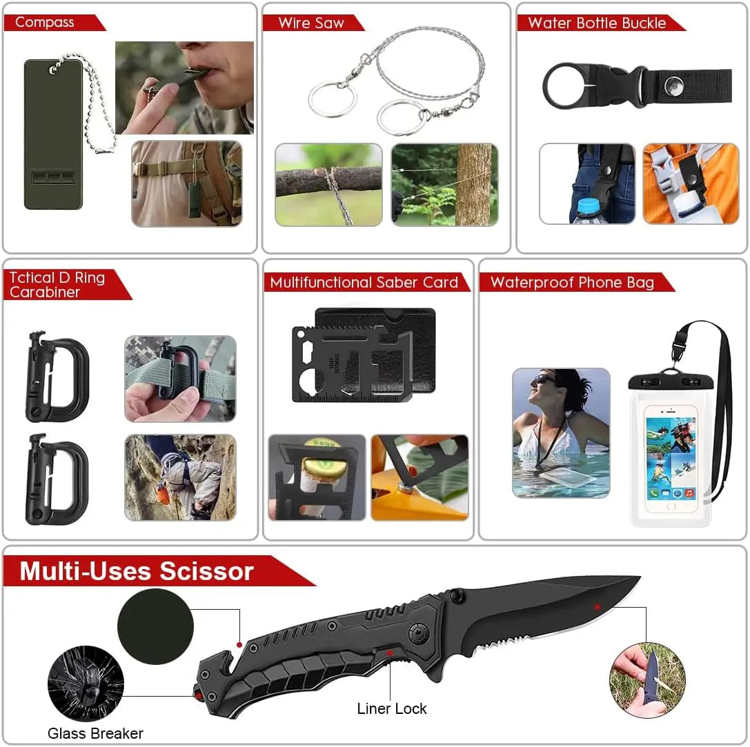 222 Piece Emergency Survival Kit with First Aid and Portable Bag for Outdoor Camping and Hunting