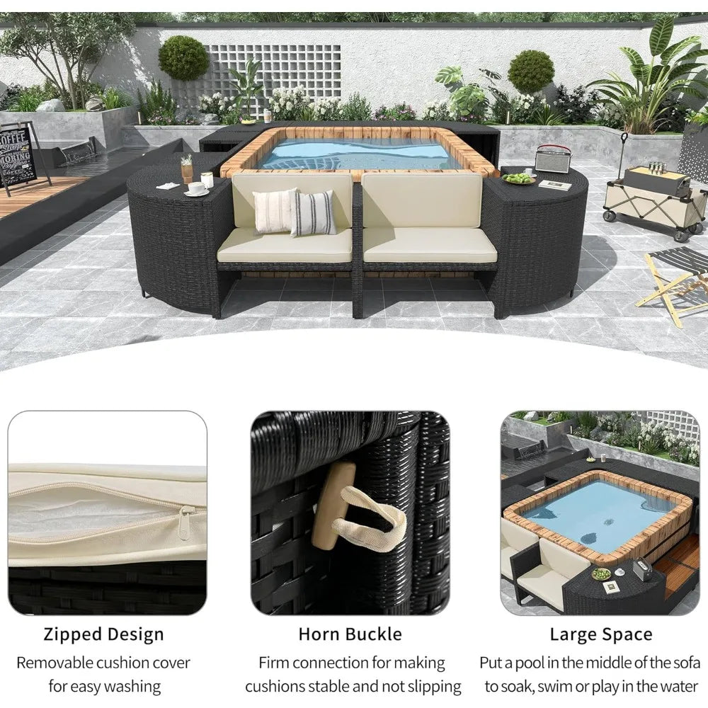 Beige Rattan Patio Furniture Set with Wooden Seats Storage Spaces Quadrilateral Outdoor Sofa Set for Spa Surround