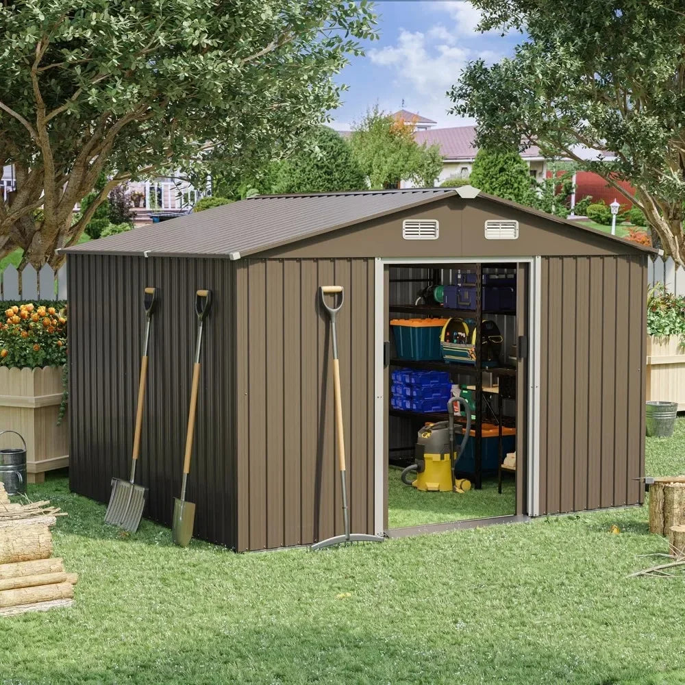 Lockable Metal Tool Shed with Sliding Door and Air Vents for Garden Storage
