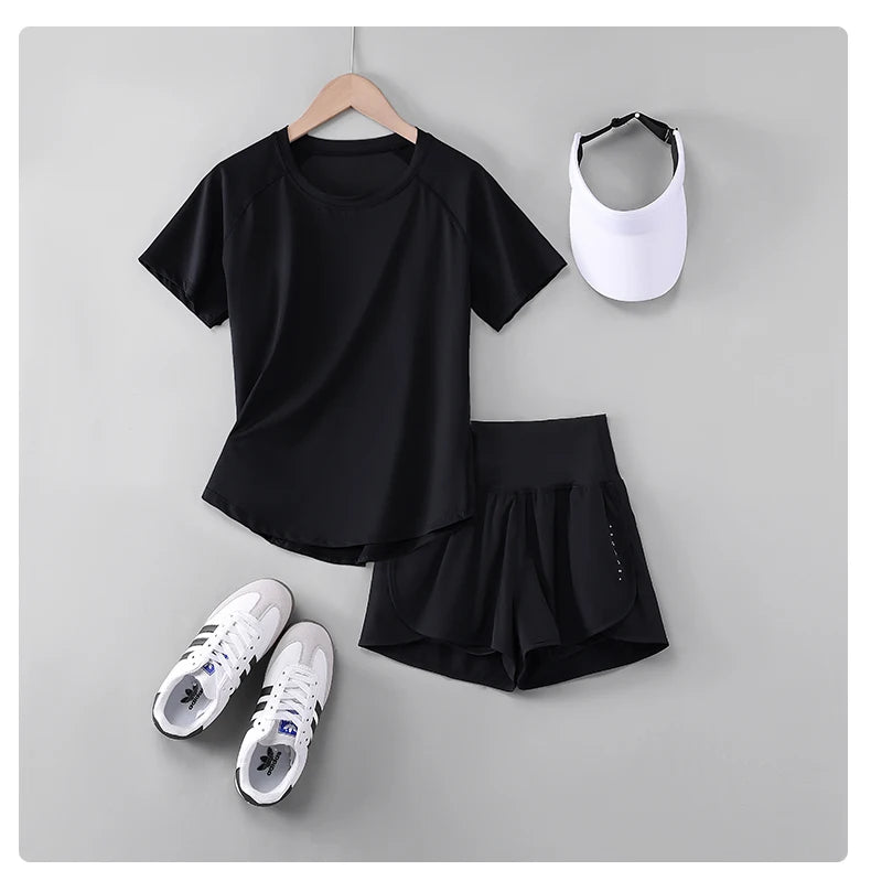 DRUR Women Yoga Set 2 Piece Sports Outfit Short Sleeve Tops