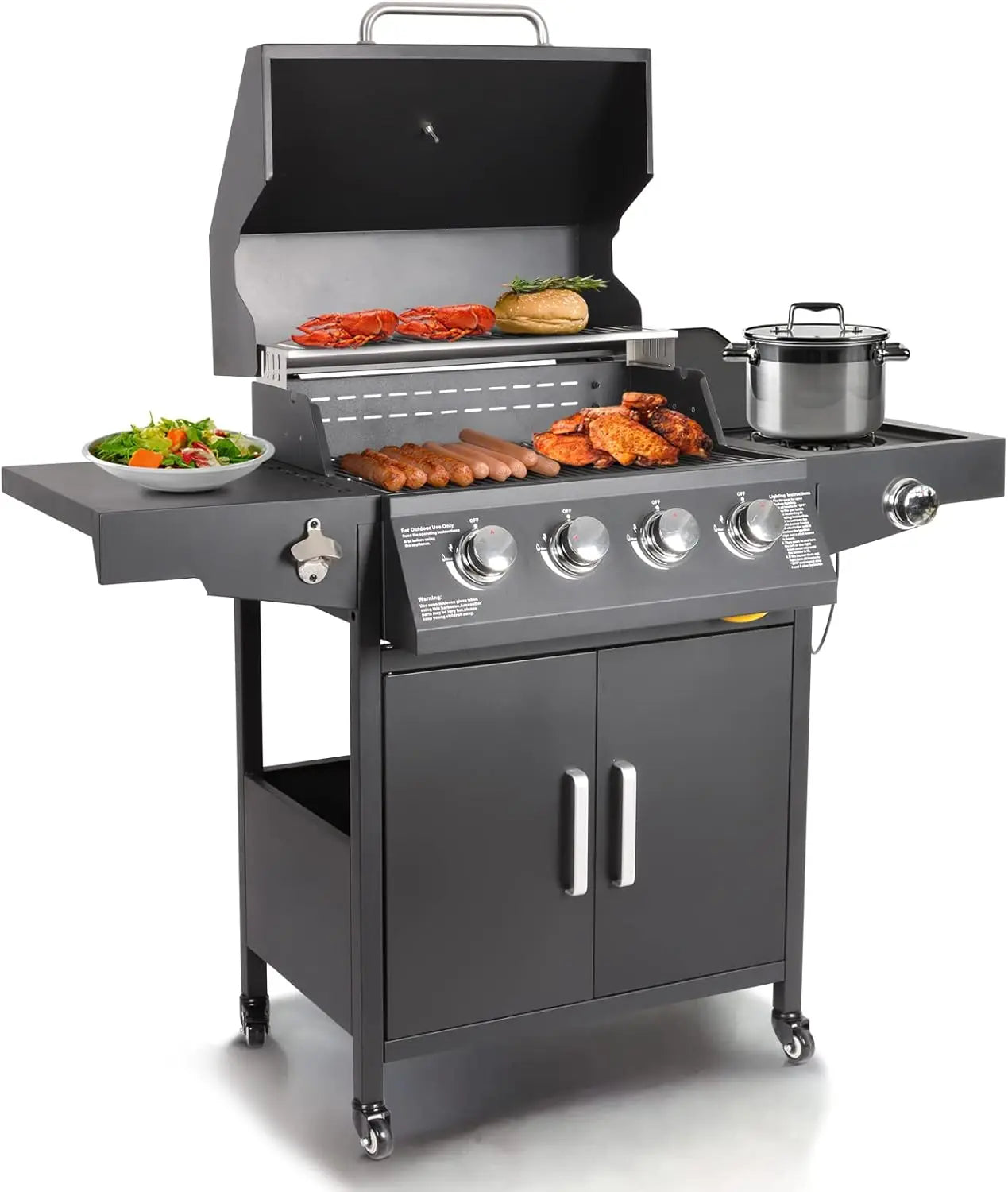 Propane Gas Grill Four Burners with Side Burner Stainless Steel Grill Cart with Wheels for Outdoor Patio Garden Backyard Cooking