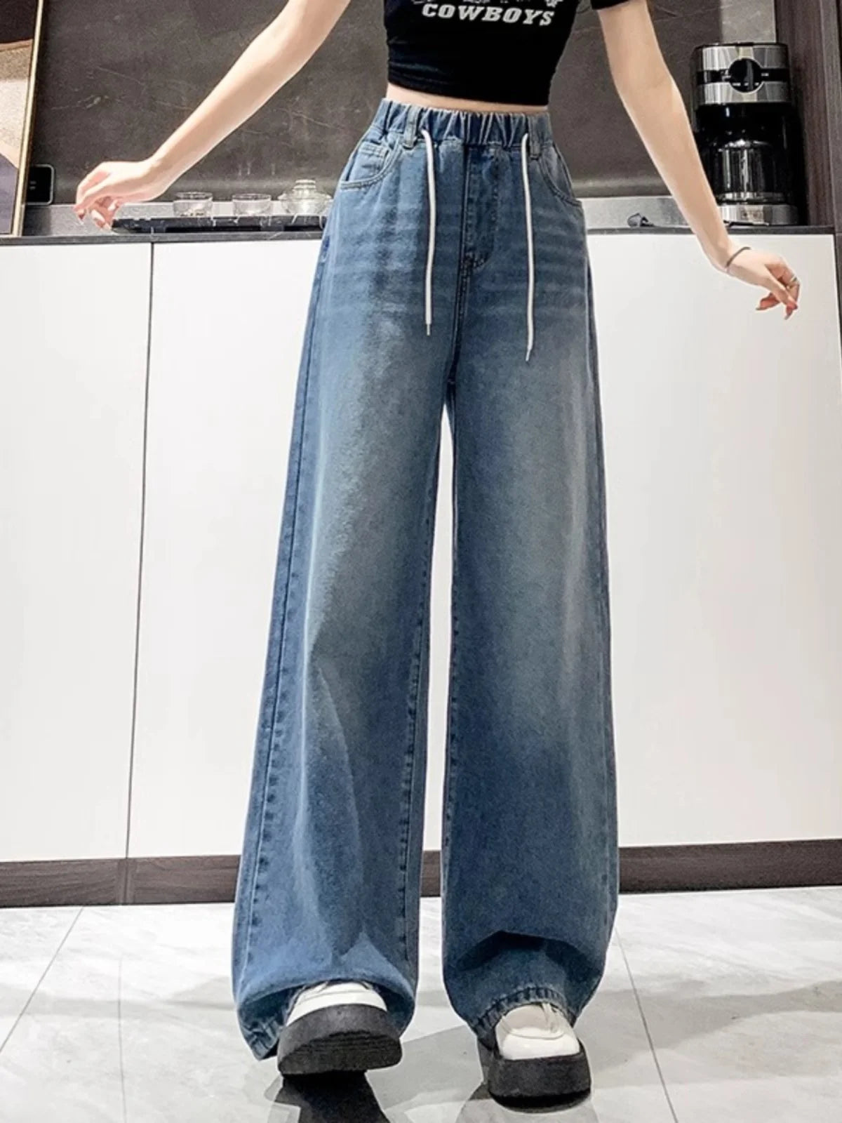 Loose Wide Leg Jeans High Waist Light Blue Women's plus Size Elastic Waist Dstring Trousers Slimming Long Pants