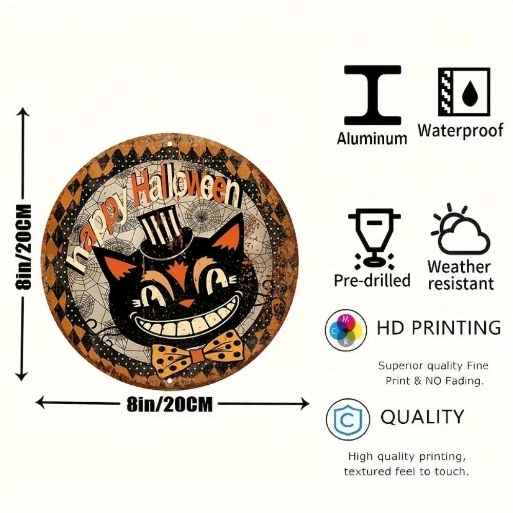 Tin Painting - 8"x8" Round Aluminum Quirky Happy Halloween Sign | Black Cat Wreath Design for Home, Kitchen