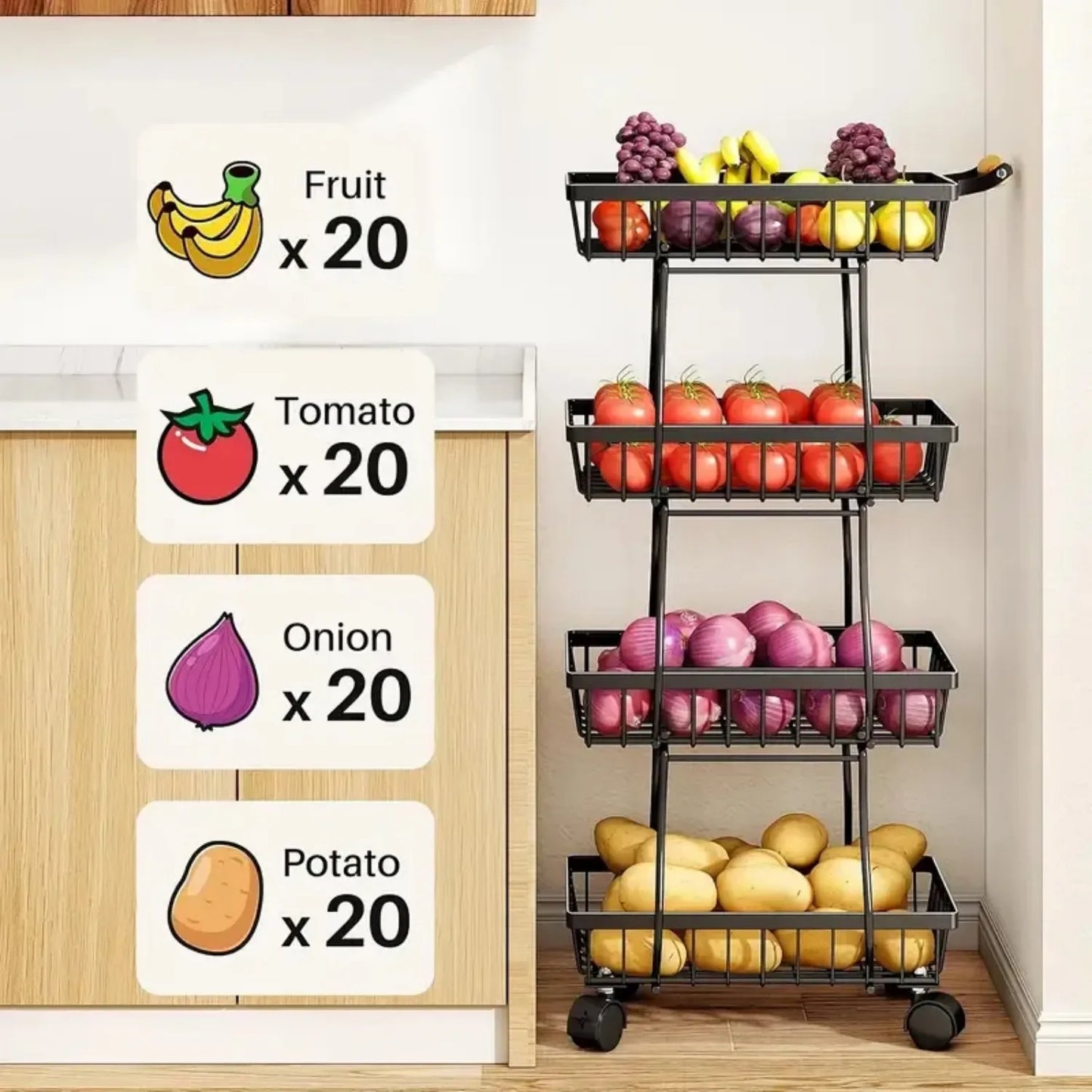 4-Tier Stackable Metal Vegetable Storage Rack - 4 Spacious Baskets, Caster Wheels for Kitchen/Pantry Organization