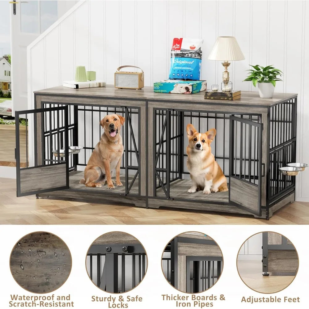 Extra Large Double Dog Crate 87'' with Adjustable Divider Heavy Duty Wood Kennel Indoor Furniture for 2 Dogs with Lockable Dividers