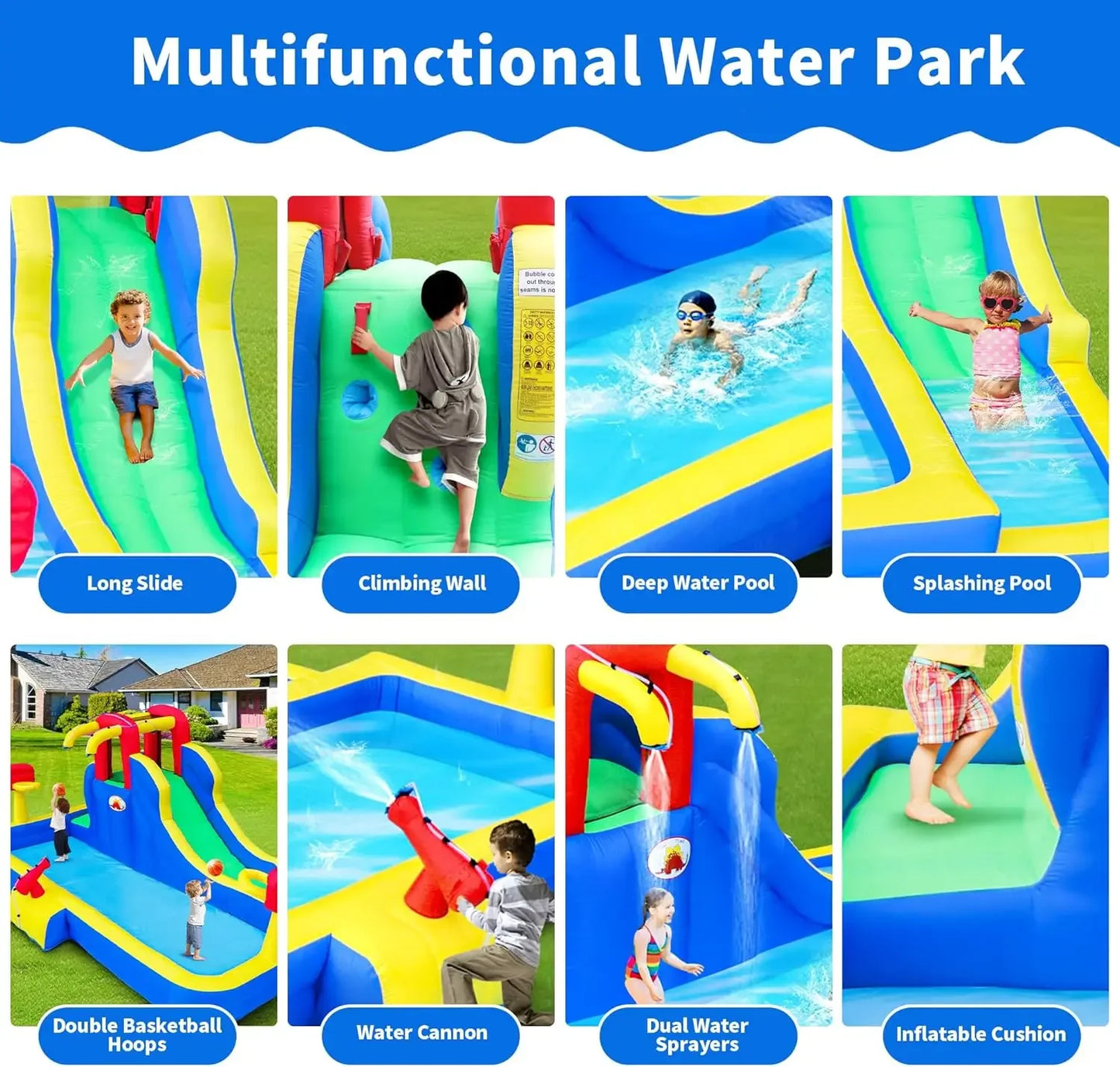 Water Park with Blower, Bouncy Castle with Water Cannon and Double Basketball Rings