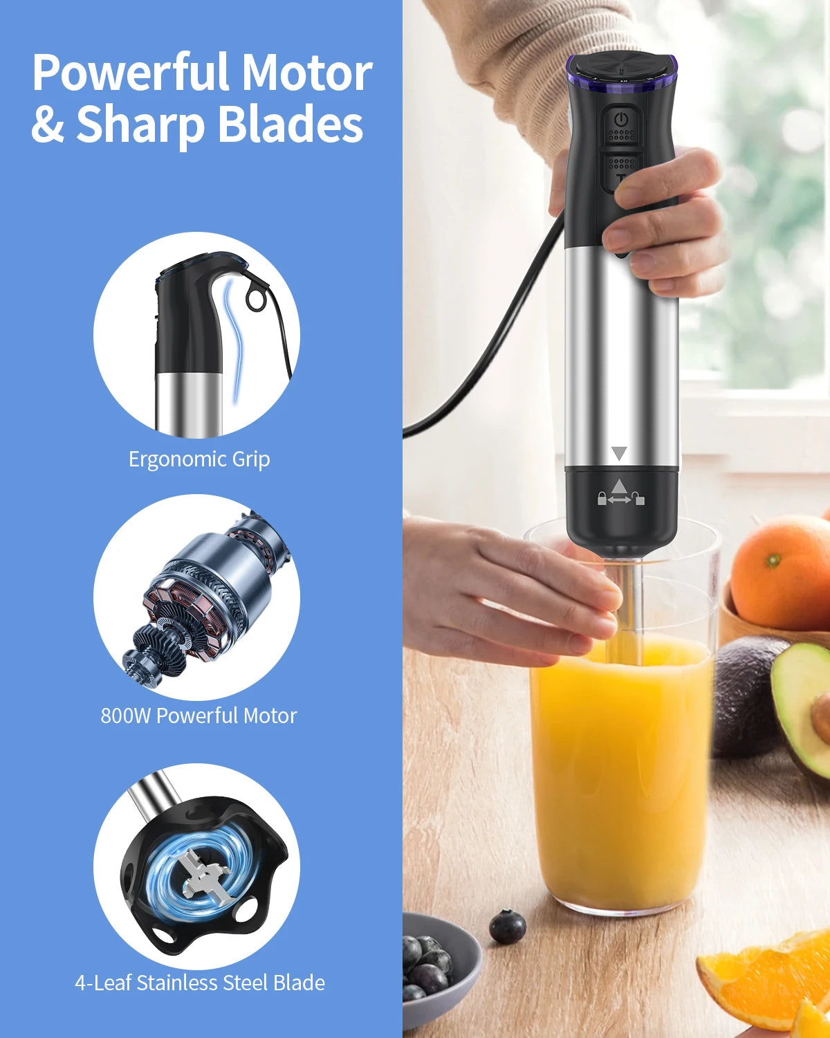 1000W Electric Immersion Handheld Blender 5 in 1 Kitchen Appliance for Soups Smoothies Purees and Baby Food Stainless Steel