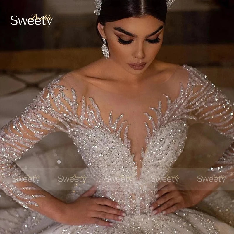 Glitter Fully Beaded Wedding Dress With Organza Ball Gown Full Sleeve O-Neck Bride Dress Lace Up Vestido De Novia Customized