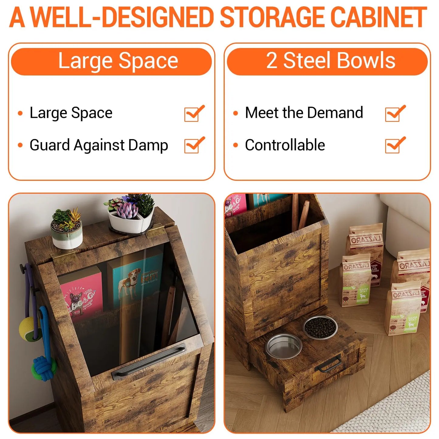 Large Dog Food Storage Cabinet with Flip Top - Pet Feeding Station & Organizer w/Transparent Lid, Side Hooks for Leashes etc.