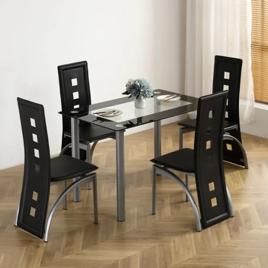 5 Pieces Dining Table Set for Kitchen Room Tempered Glass Dining Table 4 Chairs Black Table legs are silvery