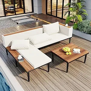 Modern Outdoor Sectional Sofa Set with Round Nesting Coffee Tables and Cushions 6 Piece Patio Furniture Set for Porch Garden Pool