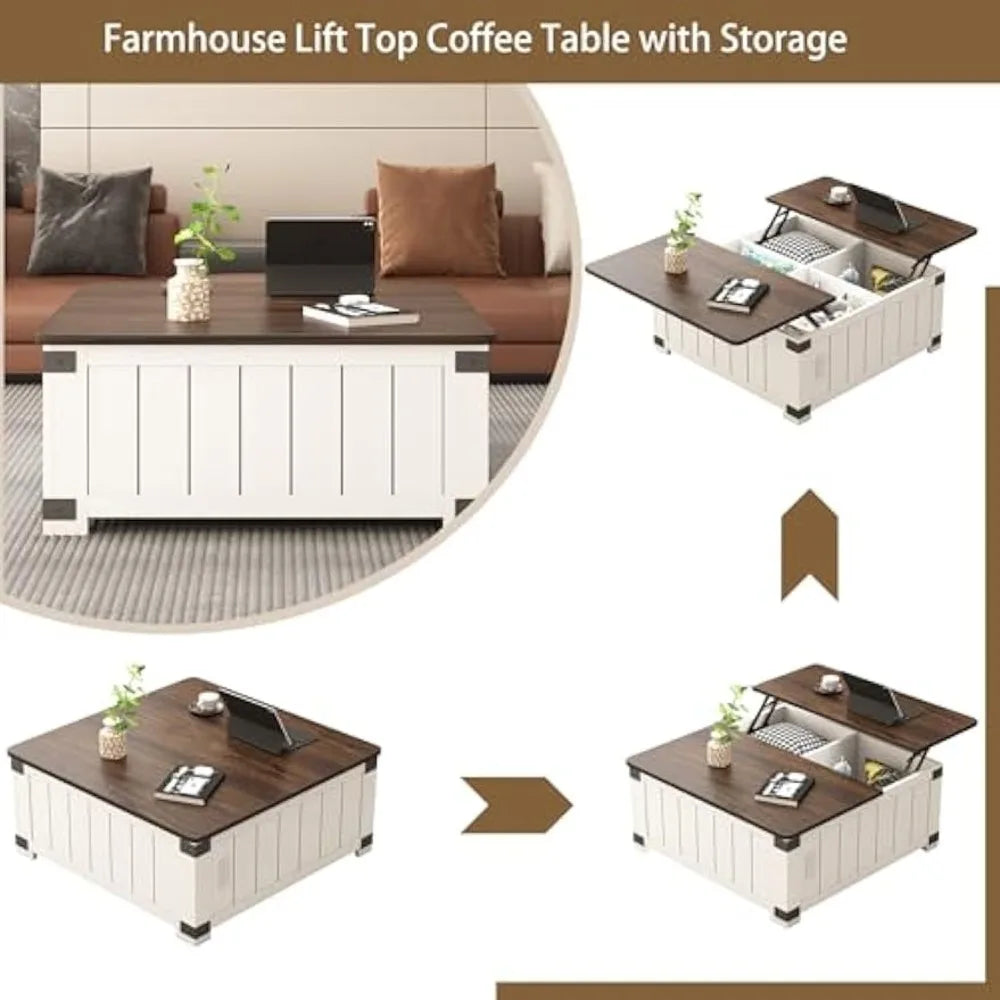 Farmhouse Lift Top Coffee Table with Storage White Wood Square Center Table with USB Ports for Living Room 35 Inch X 35 Inch X 18 Inch