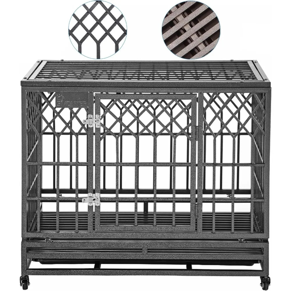 Heavy Duty Metal Dog Cage Large Kennel Crate with Three Doors Four Wheels 38 Inch Y-Shaped Pet Playpen by DAFIFY