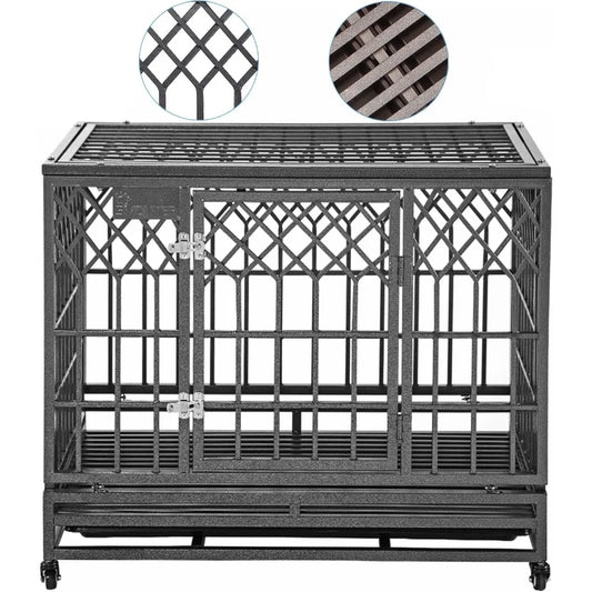 Heavy Duty Metal Dog Cage Large Kennel Crate with Three Doors Four Wheels 38 Inch Y-Shaped Pet Playpen by DAFIFY