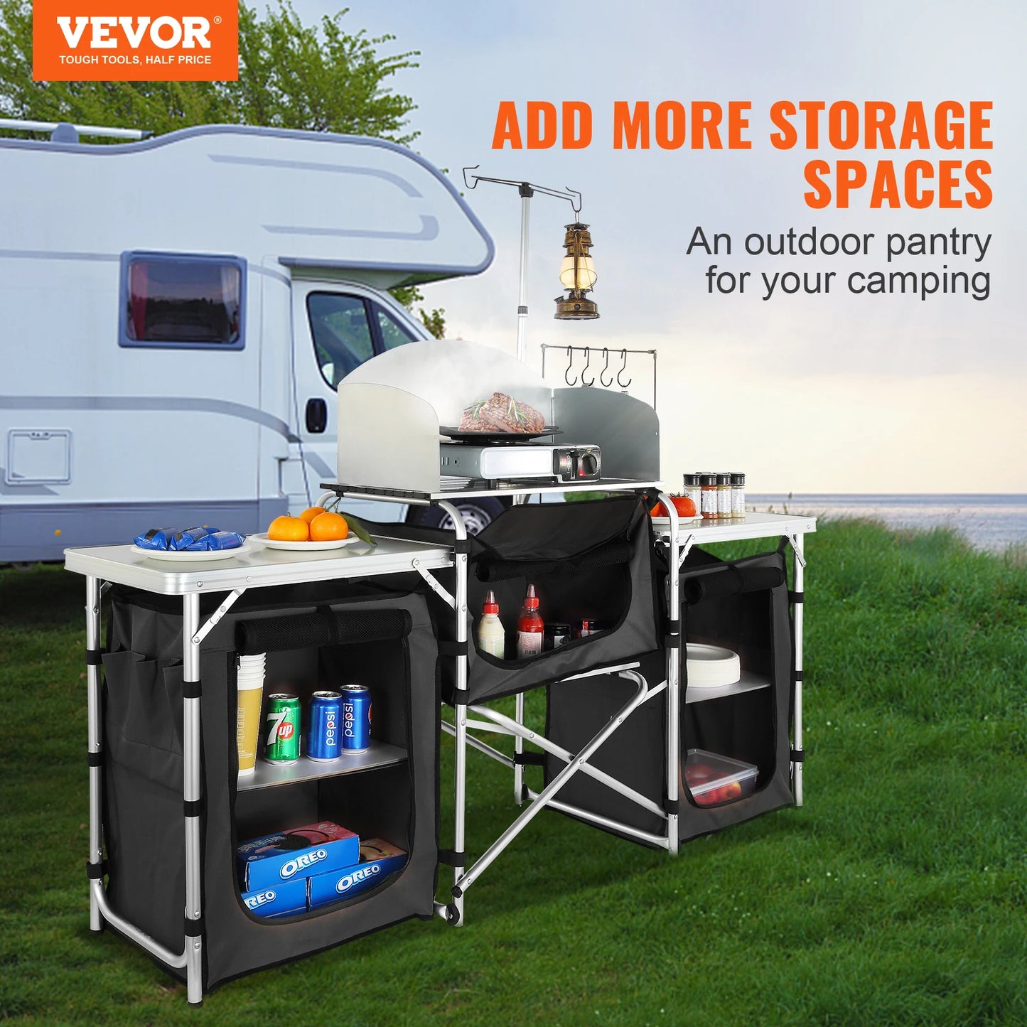 VEVOR Foldable Camping Outdoor Kitchen Table Cabinet Aluminum Alloy BBQ Picnic Cooking Storage Rack with X-Shaped Bracket