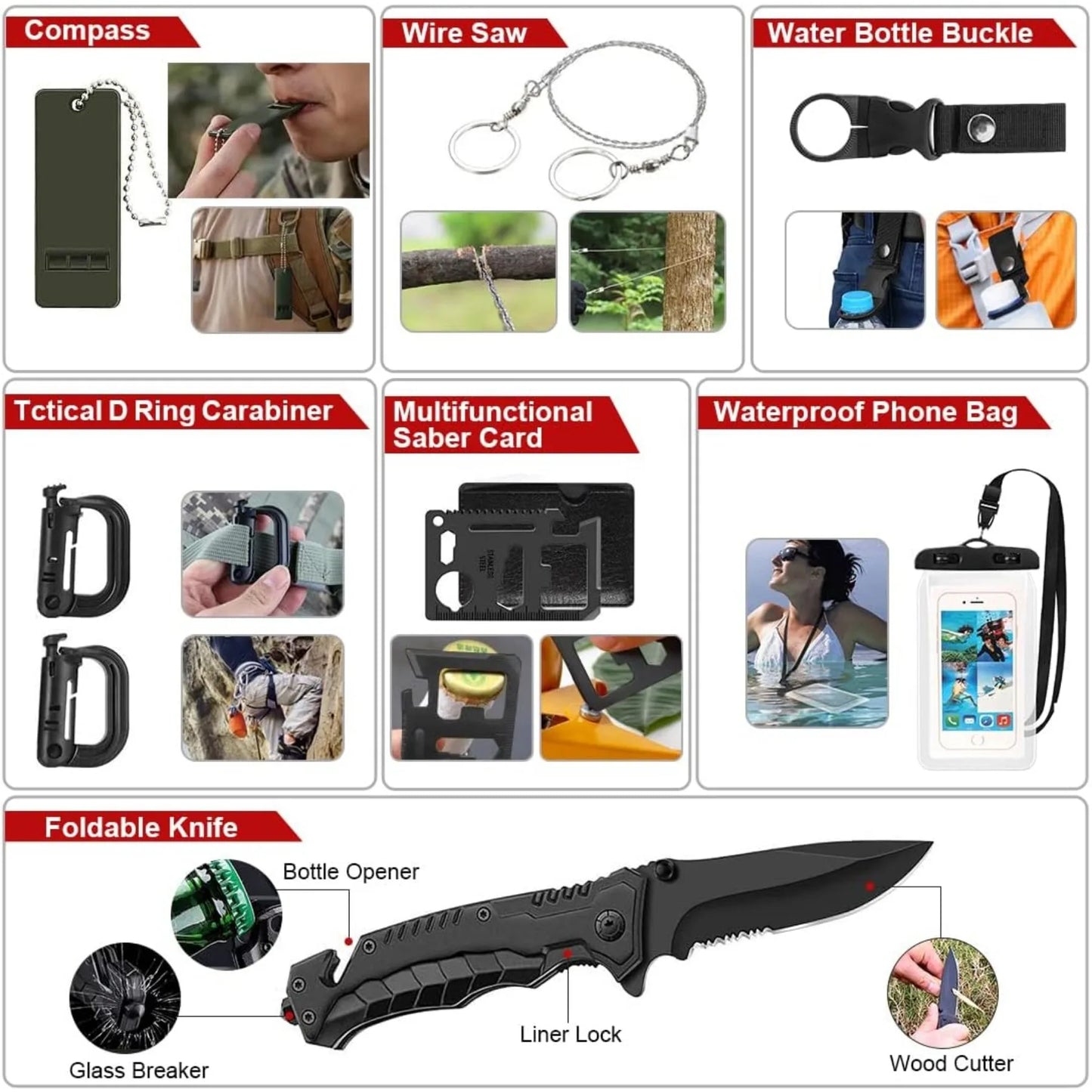 222 Piece Emergency Survival Kit with First Aid and Portable Bag for Outdoor Camping and Hunting