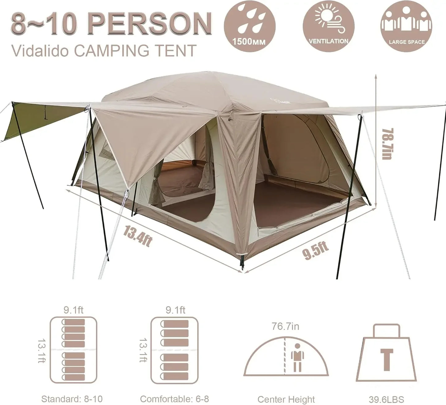 Large Family Camping Tent 8-10 Person Double Layer Waterproof 3 Door 2 Room Portable Glamping Cabin Tent for Outdoor Activities