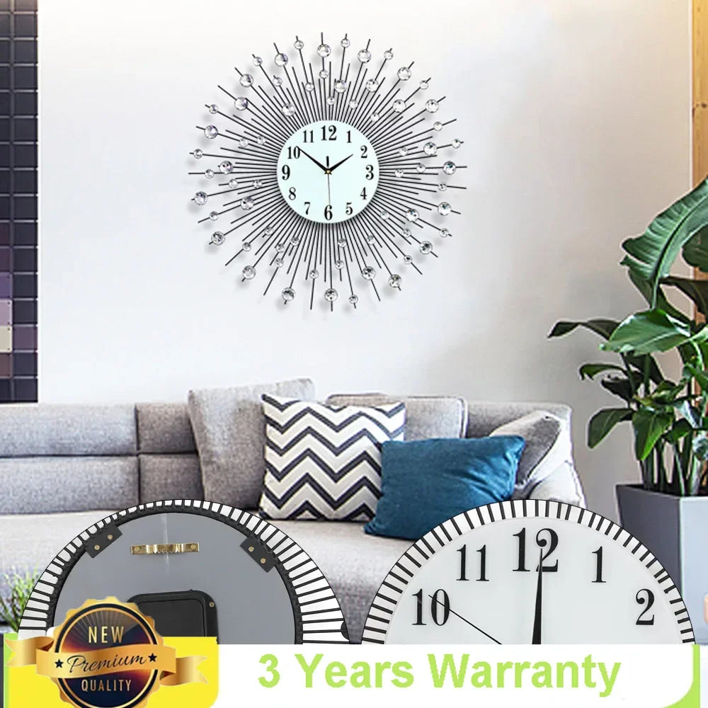 3D Large Metal Sunburst Wall Clock Luxury Battery Operated Modern Round Diamond Art 60x60cm Home Decor