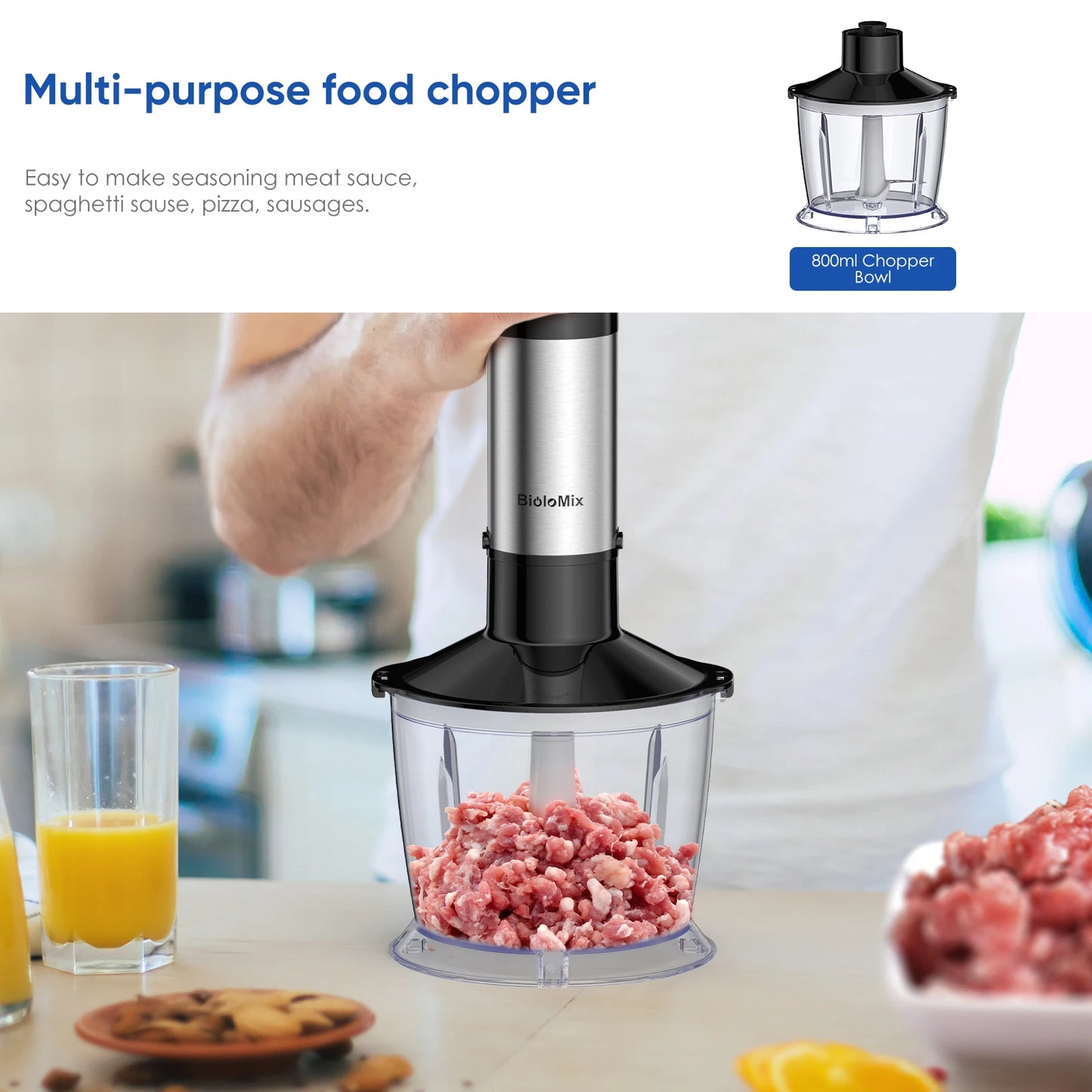 BioloMix 5 in 1 Immersion Hand Blender 1500 Watt Powerful Stainless Steel Blade Food Processor Smoothie Maker Baby Food Puree Tool