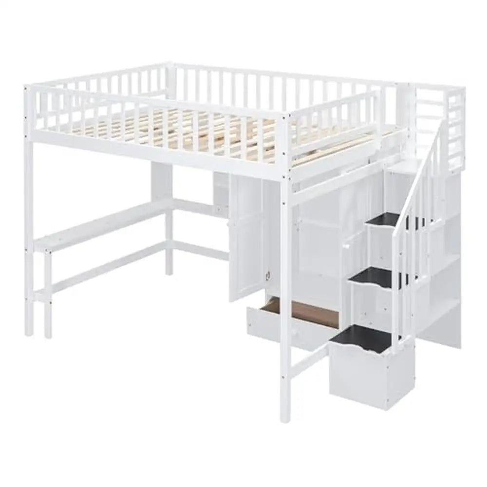 Full Size Loft Bed Combo Set with Storage Stairs Desk Bookshelf Drawers and Wardrobe Solid Wood Frame for Kids Teens and Adults in White