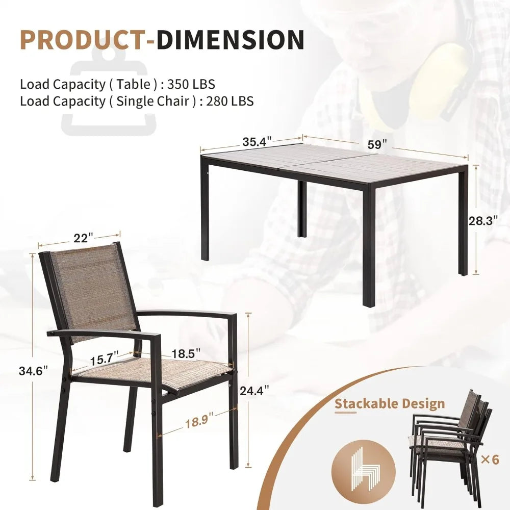 7 Piece Patio Dining Set Outdoor Furniture with Rectangular Table And 6 Stackable Chairs Modern Style Garden Conversation Set