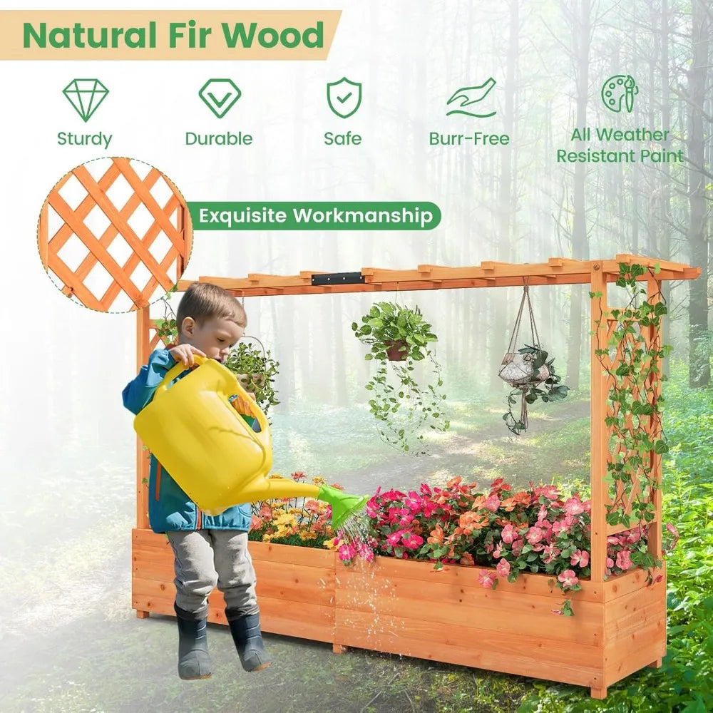 Raised Garden Bed with Trellis & Hanging Roof Planter