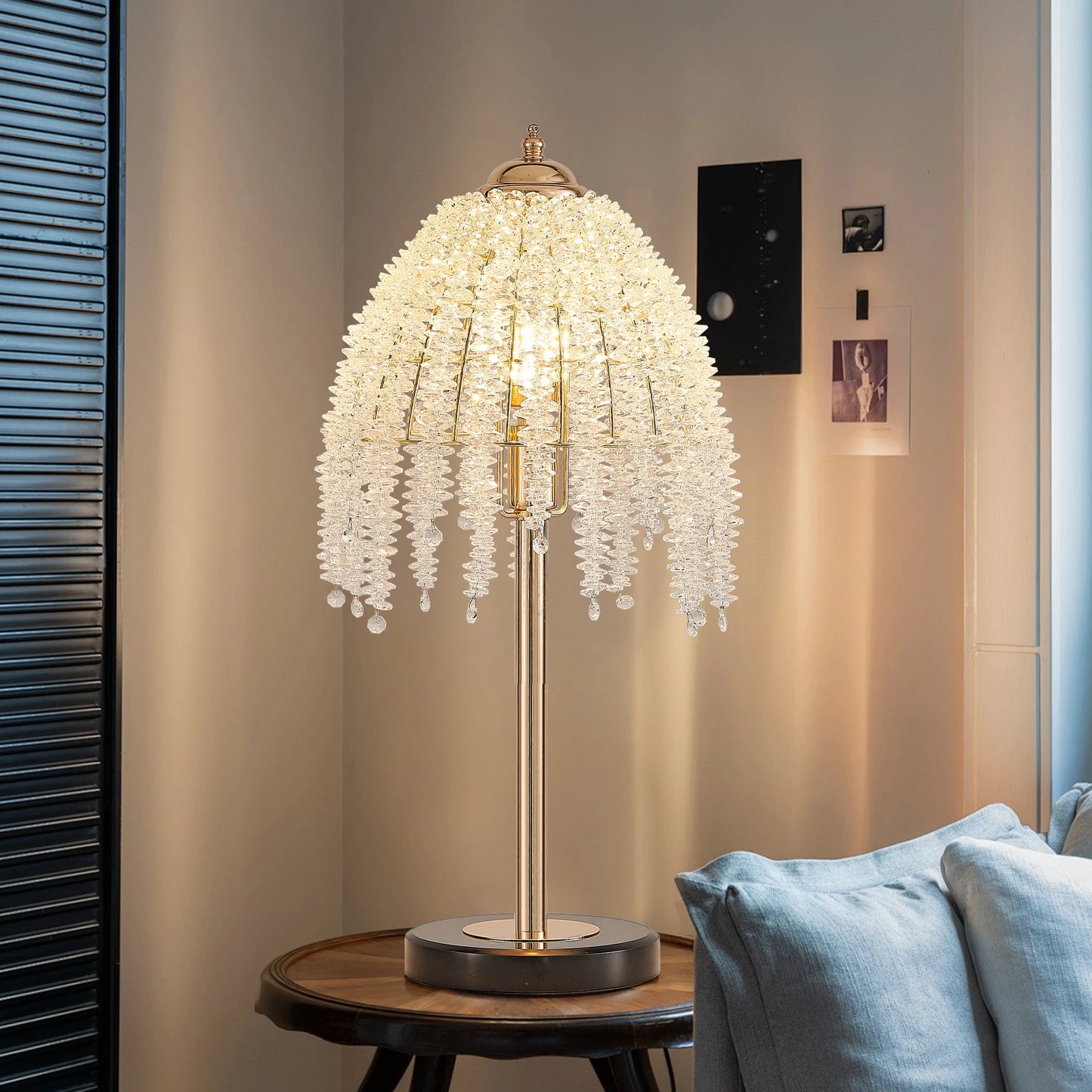 Elegant Crystal Table Lamp Vintage Waterfall Design with Crystal Bead String Shade&Marble Textured Base for Living Room Bedroom