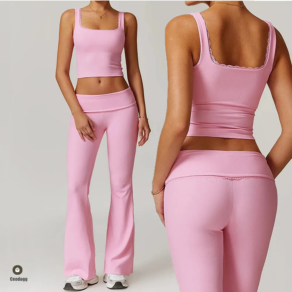 CEODOGGCN Lace Yoga Set Women High Waist Leggings Sportswear