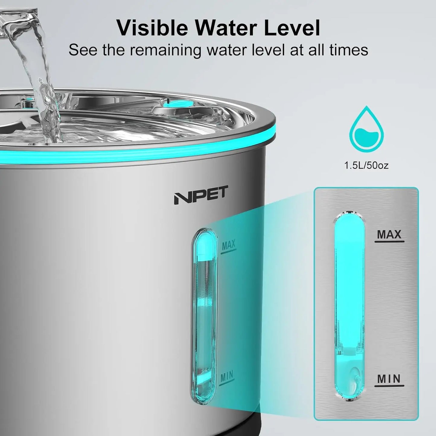 NPET Stainless Steel Cat Water Fountain 50oz 1.5L Dishwasher Safe Pet Water Dispenser with Visible Window Light