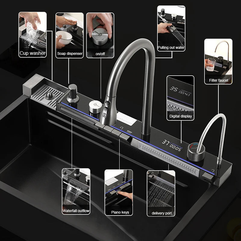 304 Stainless Steel Waterfall Kitchen Sink Large Single Slot Integrated Digital Display Faucet Set