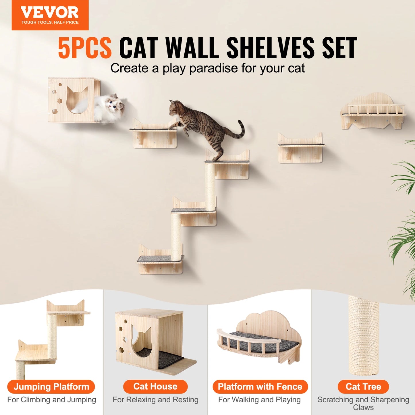 VEVOR Wall Mounted Cat Shelves Cat Floating Furniture Set