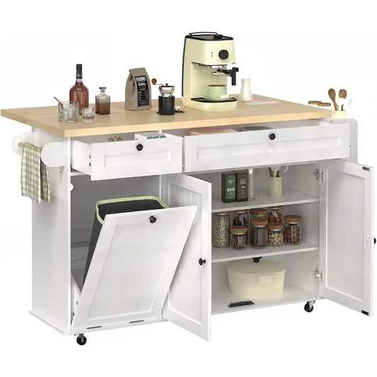 60 Inch Kitchen Island with Power Outlet and Drop Leaf Knife Holder Kitchen Rolling Island with Spice Rack and Towel Rack