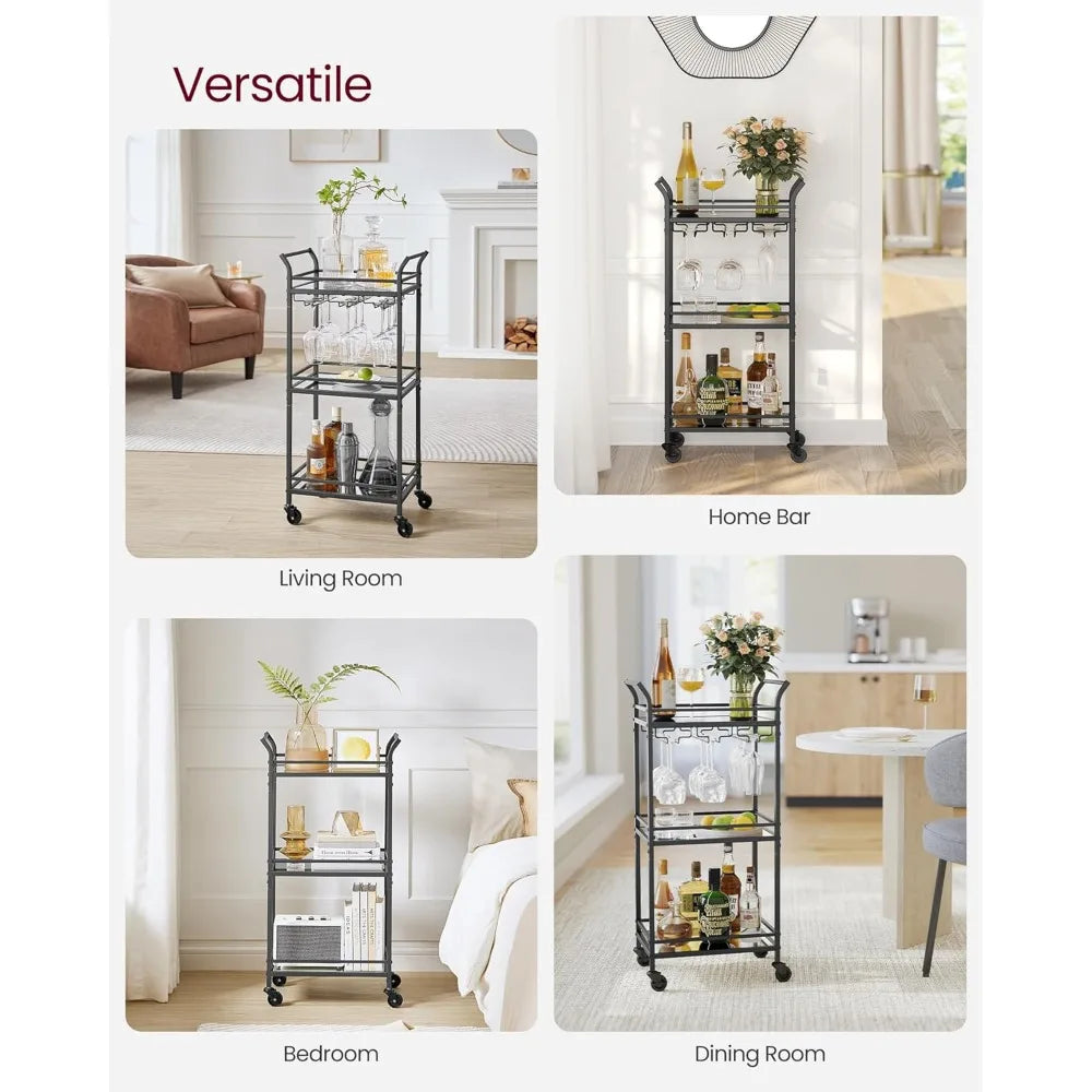 VASAGLE Small Bar Cart with 3-Tier Shelf, Wine & Glass Holders, Mini Bar Cart for Small Spaces, Kitchen, Dining Room, Living Room.