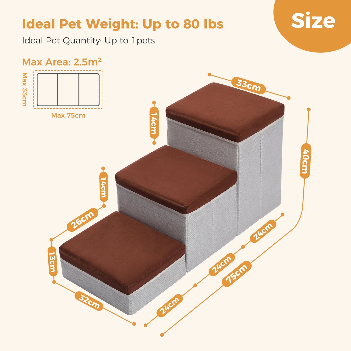 3-Tier Foldable Dog Stairs with Storage Adjustable Height Non-Slip Pet Steps for Small Old Dogs And Cats Brown/Grey/Dark Grey