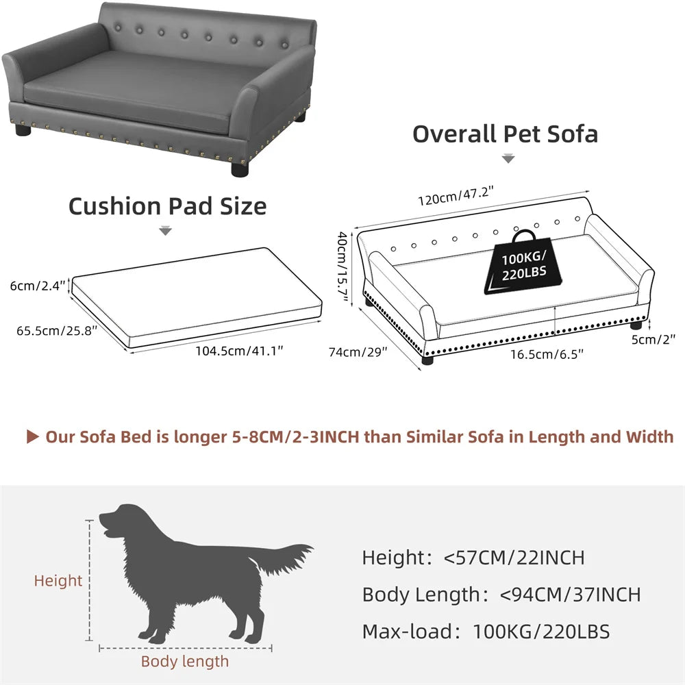 Heavy Duty Raised Dog Bed Sofa Large Cushioned Pet Couch Soft Microfiber Silicone Leather Velboa Covered Lounge for Cats And Puppies