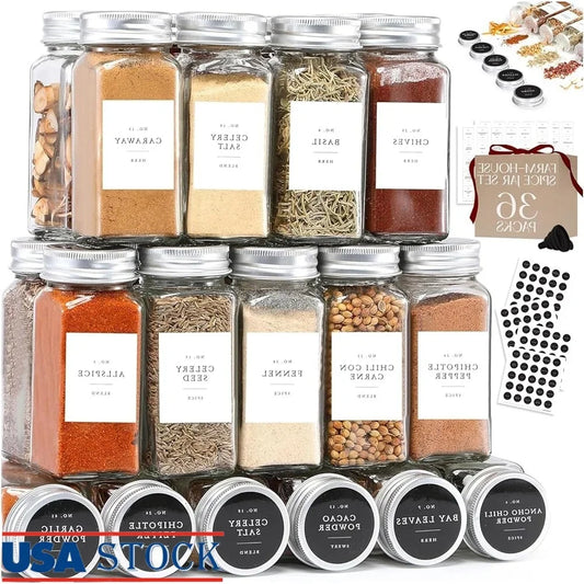 36 Pack Glass Spice Jars with Metal Lids and Labels Clear Storage Containers Kitchen Seasoning Organization Gift Set