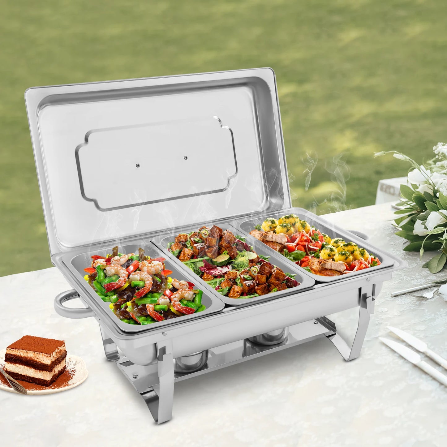Modern 3-Compartment 2.5L Stainless Steel Chafing Dish Rectangular Buffet Serving Set for Catering Chafer Warmer
