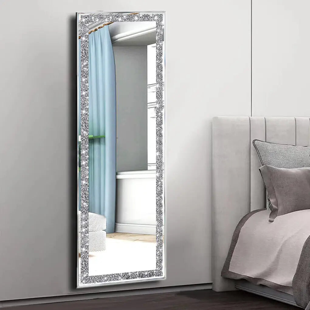 LUVODI Large Silver Sparkly Crystal Rhinestone Frameless Wall Mounted Dressing Mirror for Home and Hotel