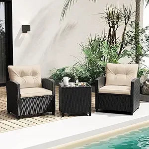 3 Piece Patio Furniture Set, Wicker Bistro Conversation Set w/ 2 Cushioned Armchairs & Glass Topped Table, Outdoor Rattan Sofa