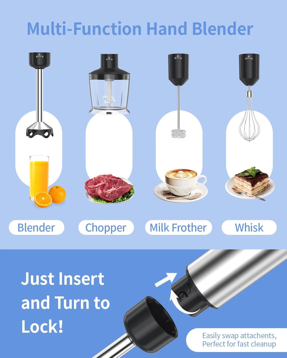 1000W Electric Immersion Handheld Blender 5 in 1 Kitchen Appliance for Soups Smoothies Purees and Baby Food Stainless Steel