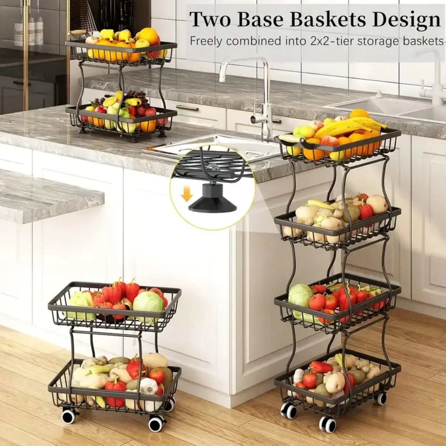 4-Tier Stackable Metal Vegetable Storage Rack - 4 Spacious Baskets, Caster Wheels for Kitchen/Pantry Organization